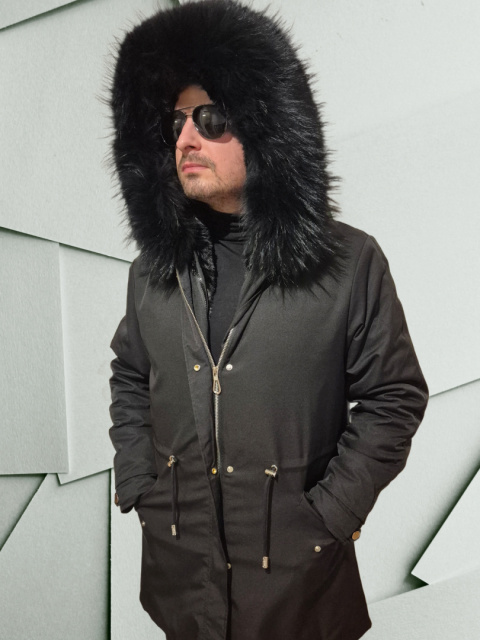 Parka męska czarna z czarnym futrem jenota