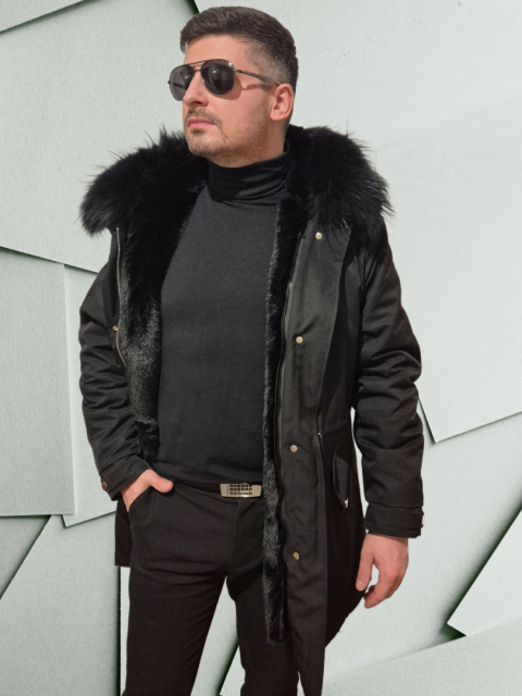 Parka męska czarna z czarnym futrem jenota