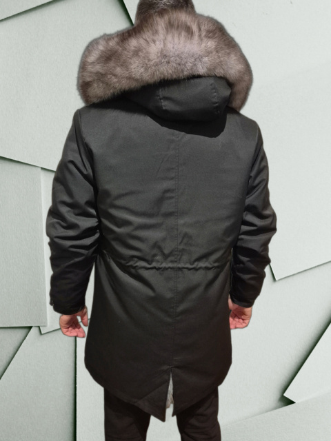 Parka męska czarna z szarym futrem lisa