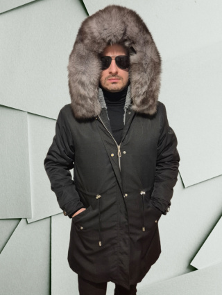Parka męska czarna z szarym futrem lisa