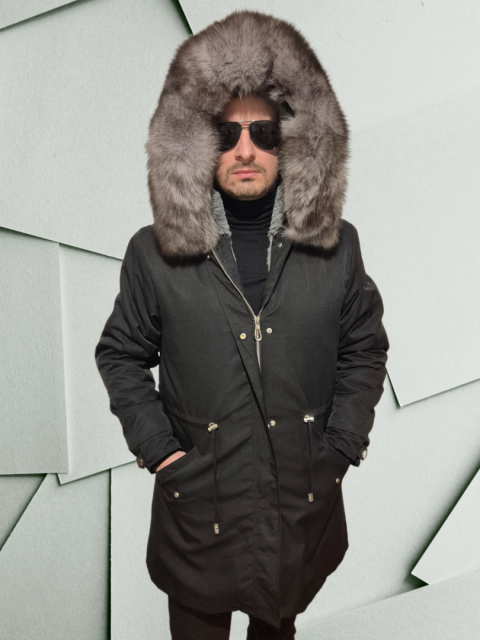 Parka męska czarna z szarym futrem lisa Parka męska czarna z szarym futrem lisa