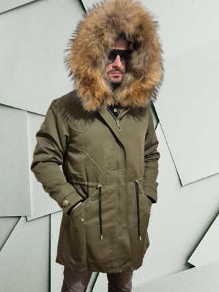 Parka męska w kolorze khaki z prawdziwym futrem z jenota